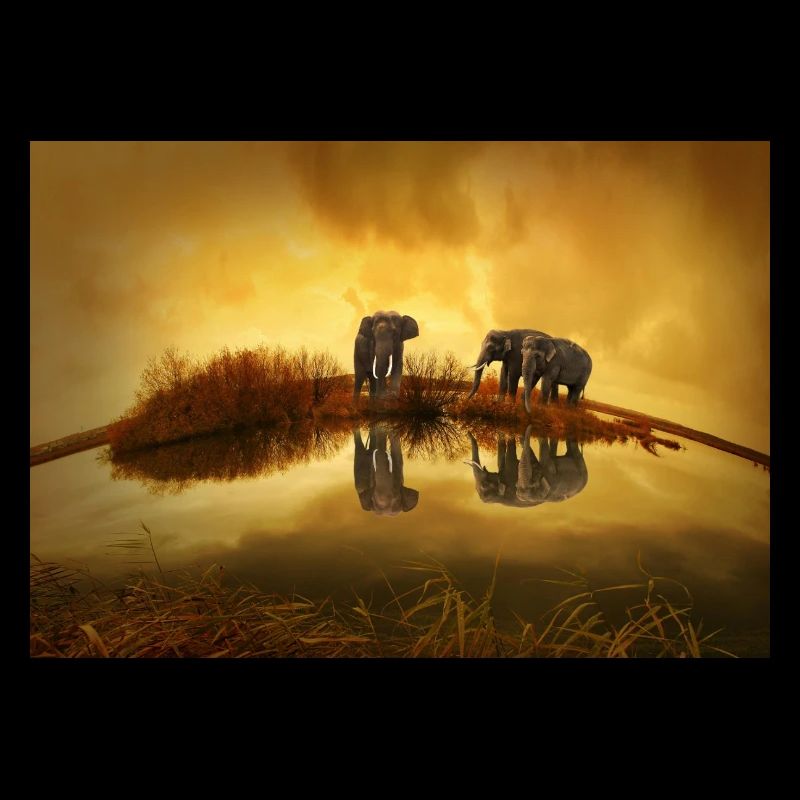 3 Grey Elephants Under Yellow Sky