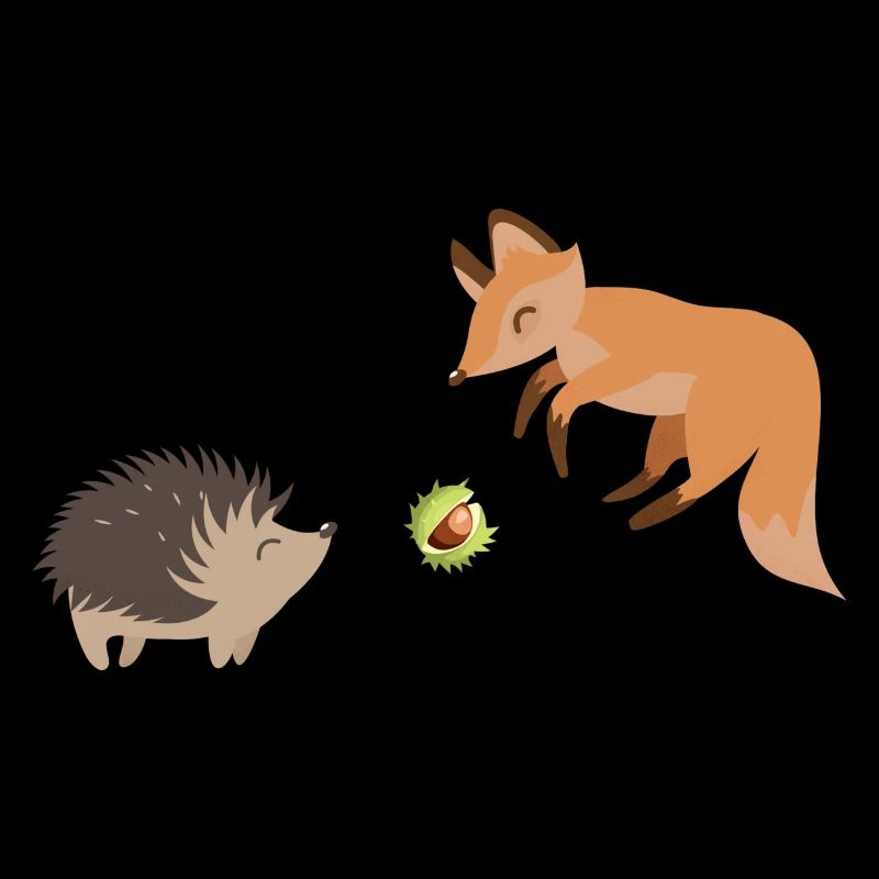Fuchs und Igel spielen mit einer Kastanie Fußball