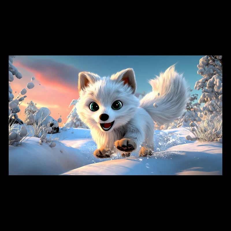 Flying arctic fox in the snow