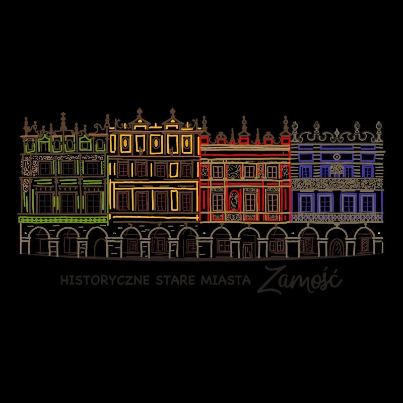 Zamosc en Pologne, façades sur le marché, dessin à la main