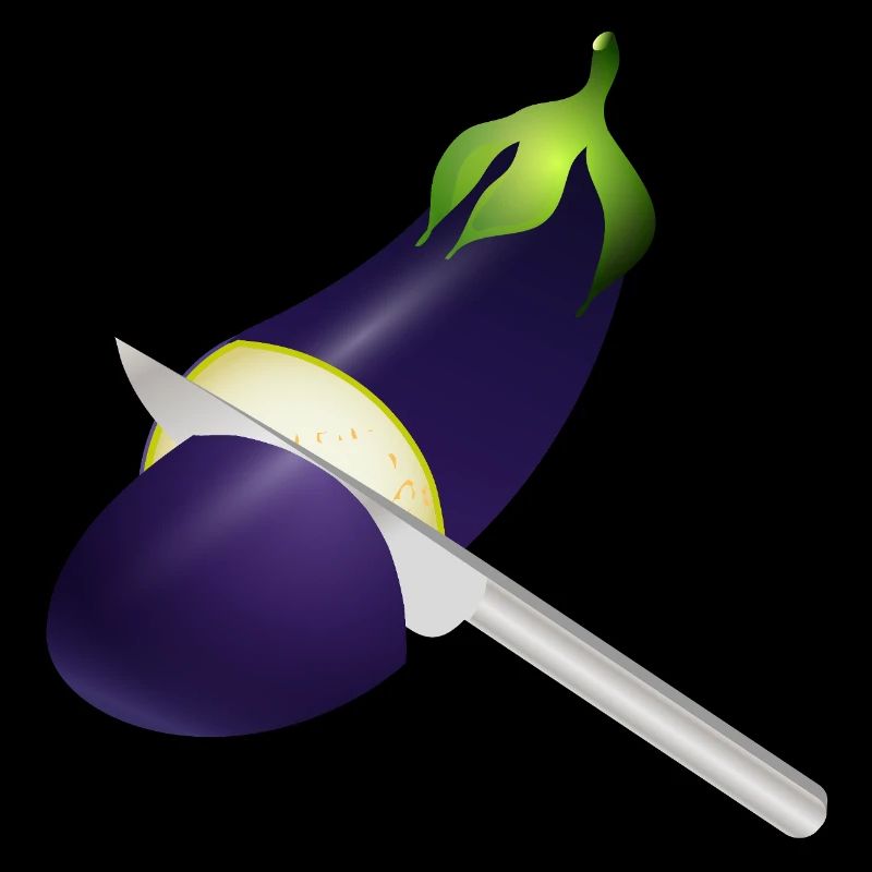 Leuchtende Aubergine mit Küchenmesser