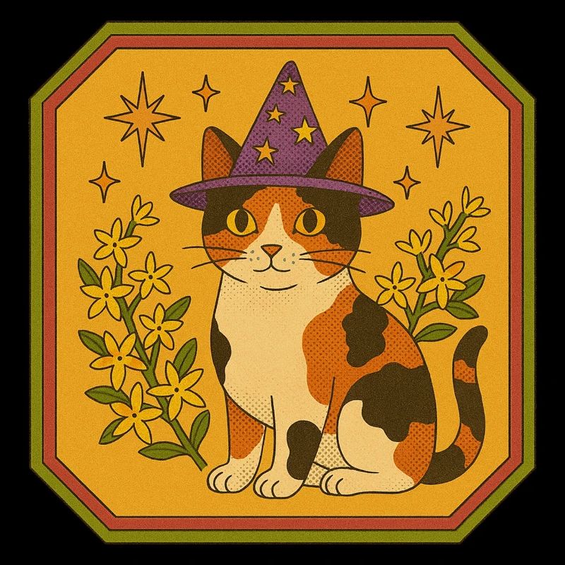 Chat sorcière calicot avec chapeau étoilé