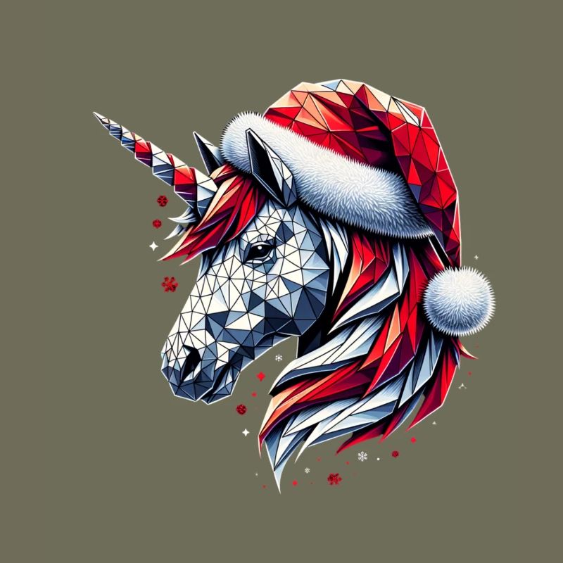 Polygon Kunst - Einhorn mit Weihnachtsmütze