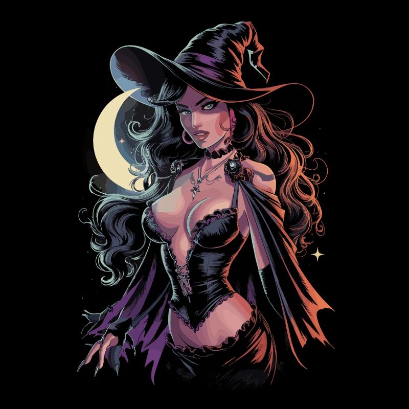 Beautiful witch in the moonlight with magic hat and