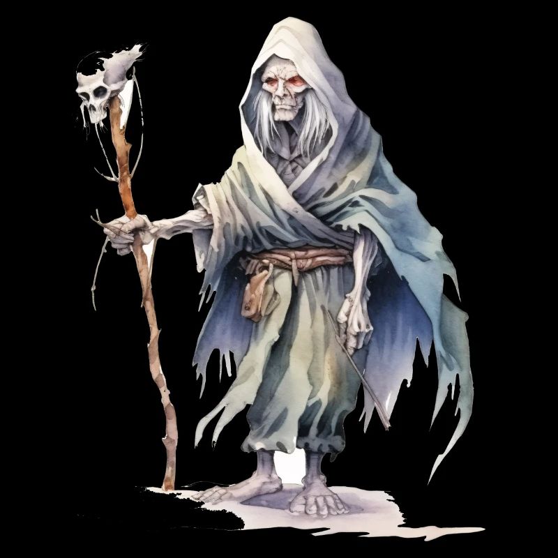 Nécromancien avec cape et bâton de crâne