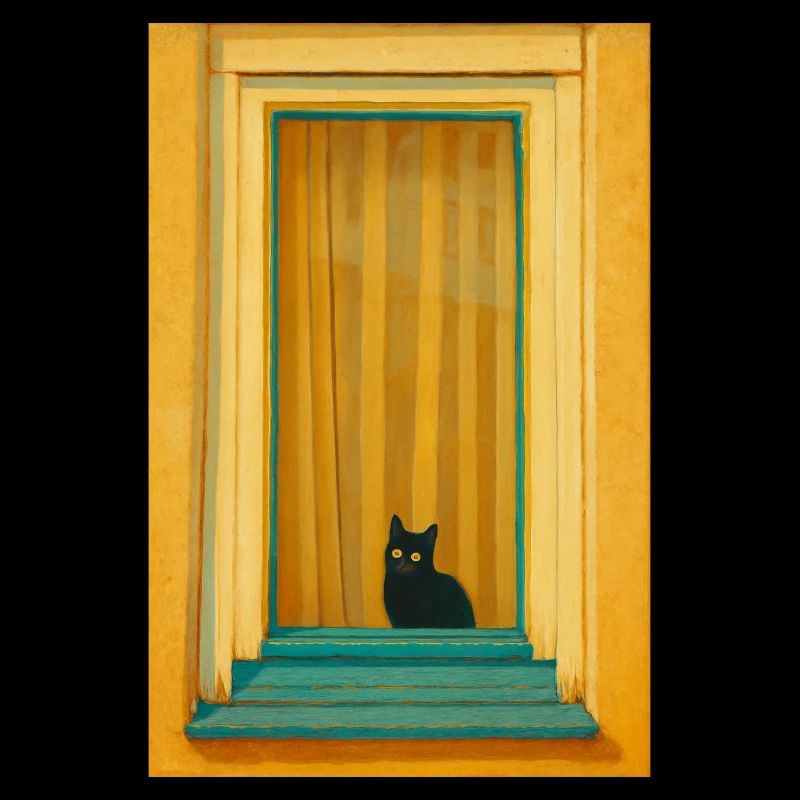 Chat dans un cadre de fenêtre turquoise