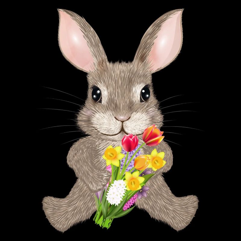 brown rabbit with spring flowers bouquet