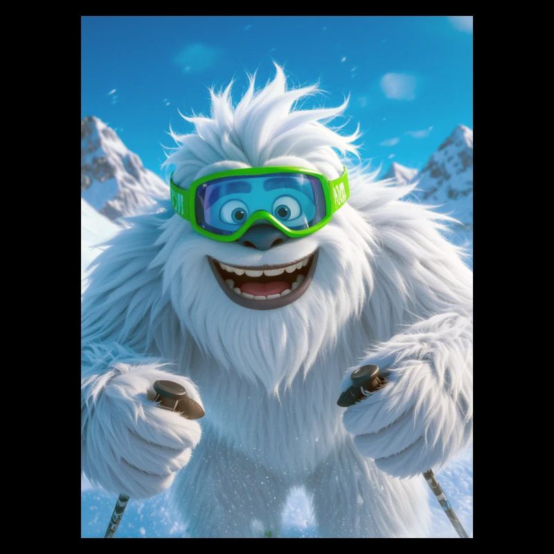 Un Yéti géant skie joyeusement avec des lunettes vertes