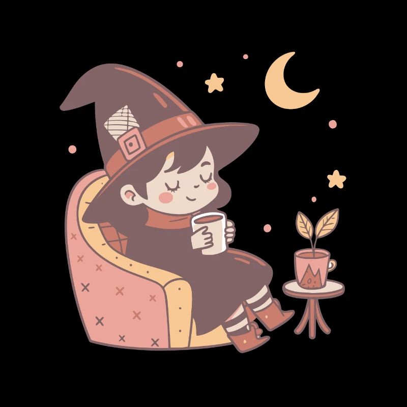 Cute Cozy Little Witch Drinking Her Tea