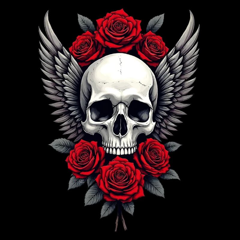 Winged skull & red roses, gothic, skull