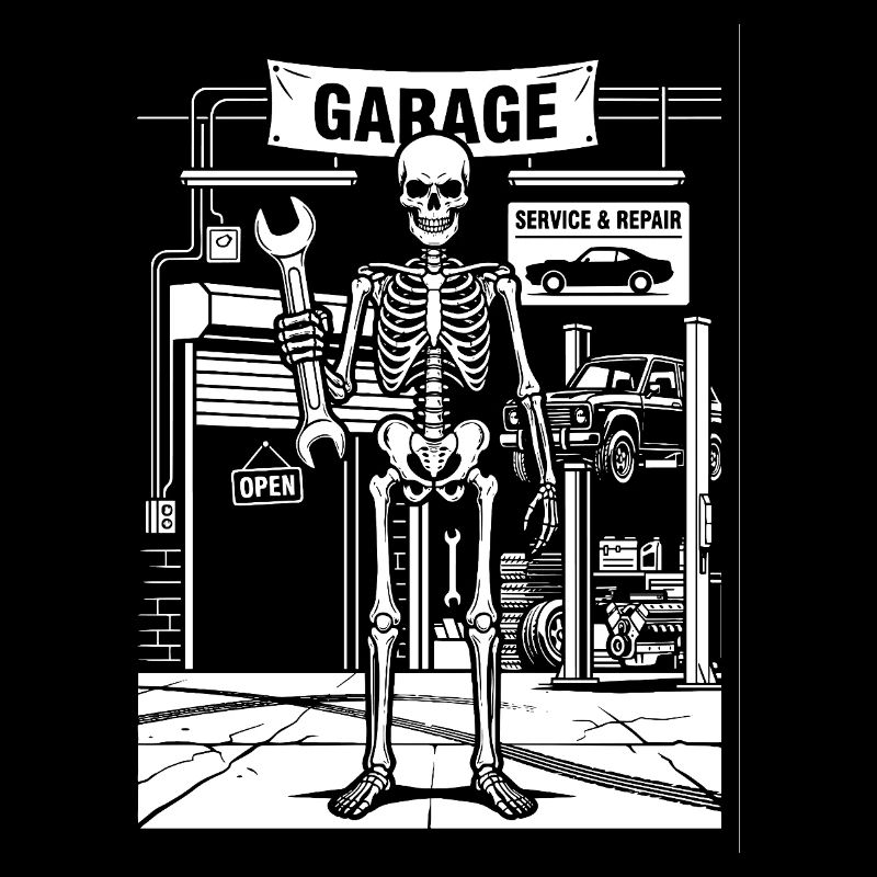 Squelette dans l’atelier automobile du garage