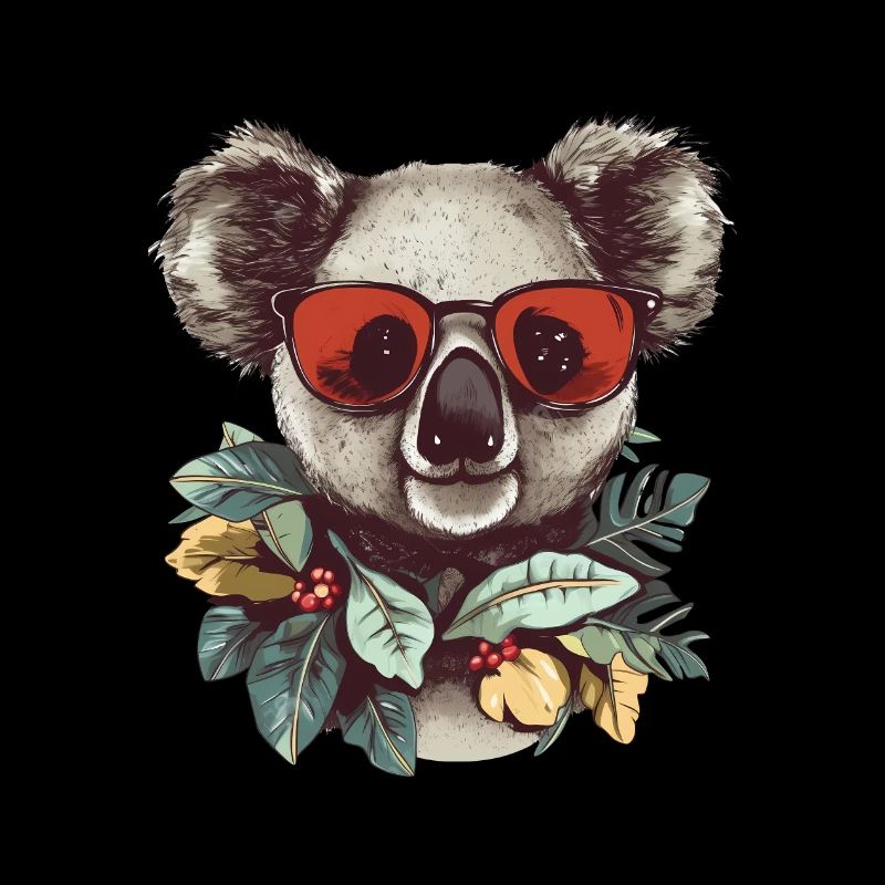 Koala avec lunettes de soleil rouges et couronne de feuilles