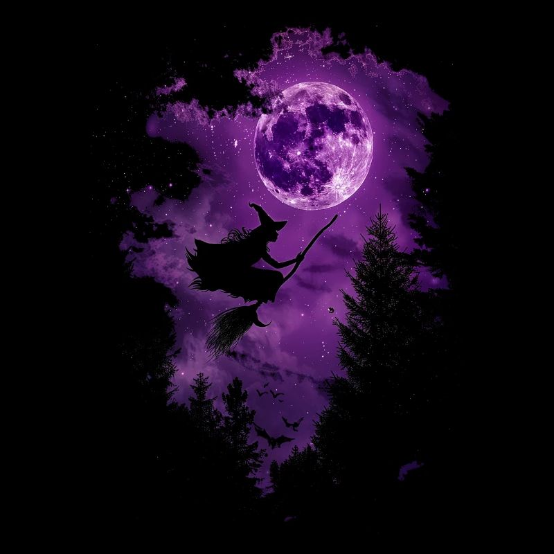 Witch Broom Halloween Purple Moon