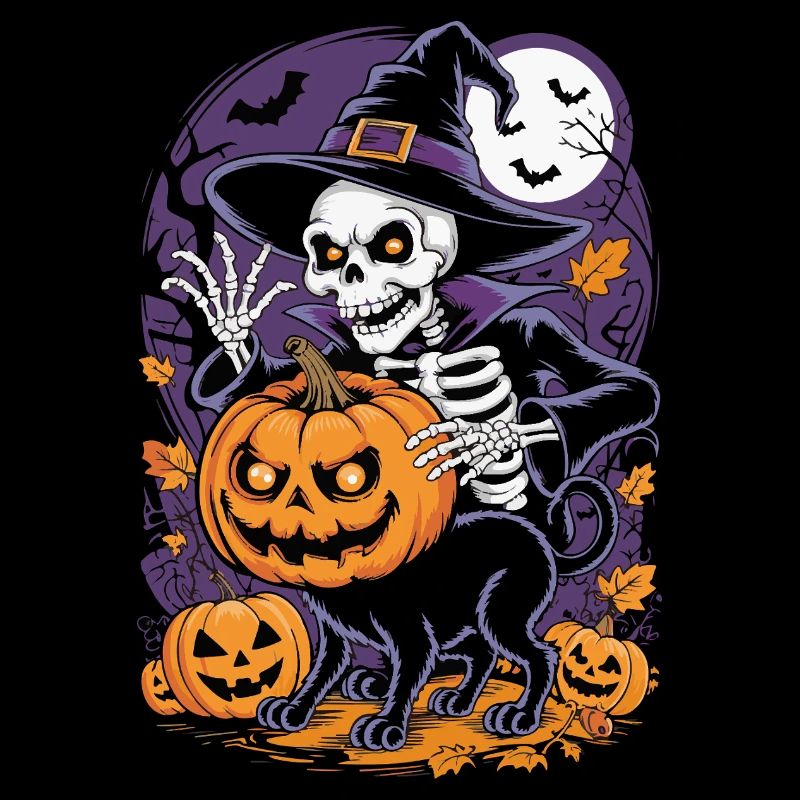 Sorcière squelette d'Halloween avec citrouilles