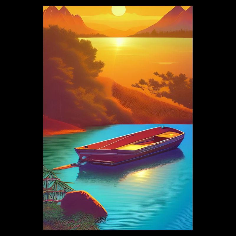 Landschaft mit See, Boot und Berge