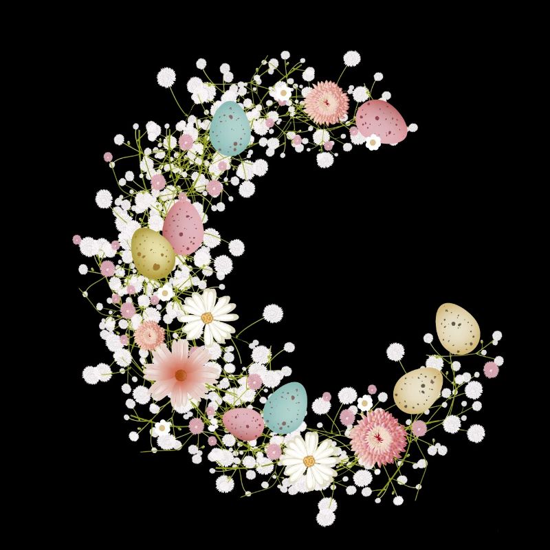 pastel-coloured Easter eggs, flowers and baby's breath
