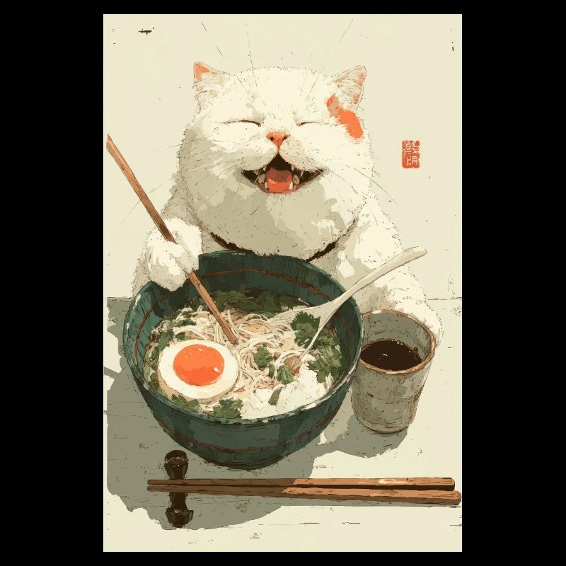Glückliche weiße Katze isst Ramen