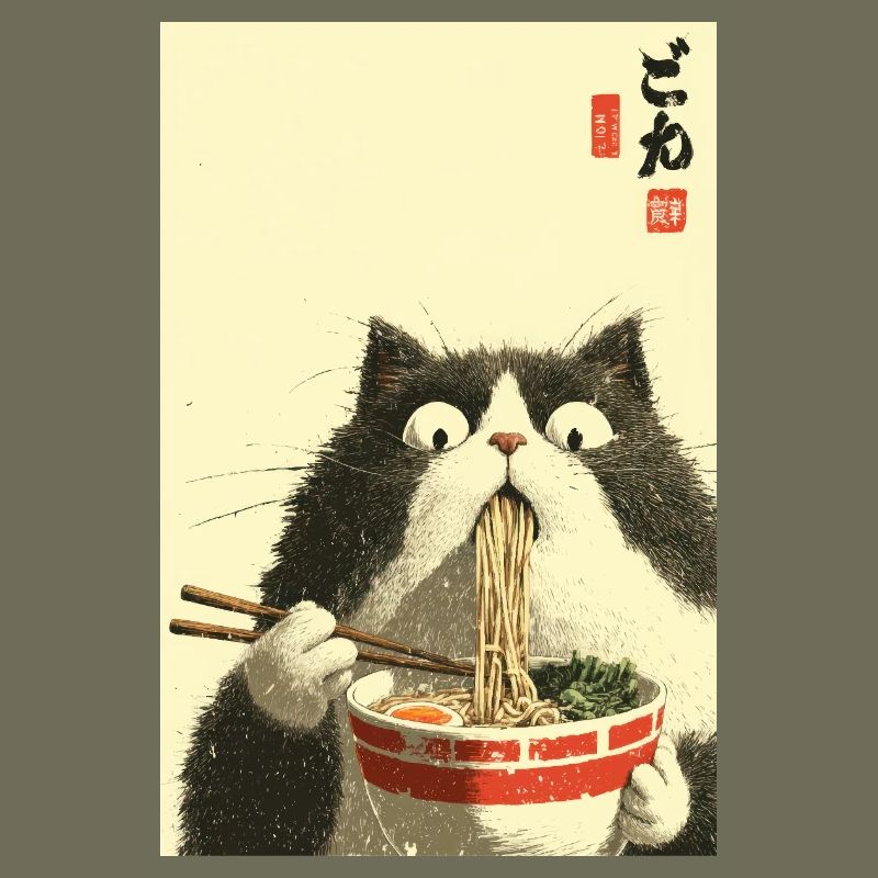 Chat surpris mangeant des ramen