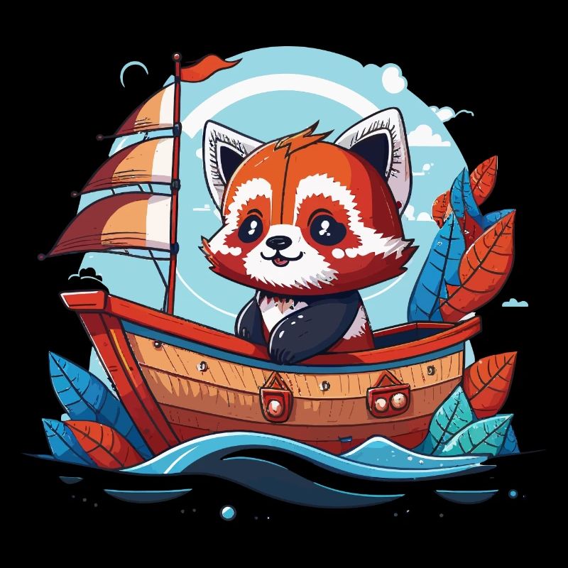 Le panda rouge conduit un bateau