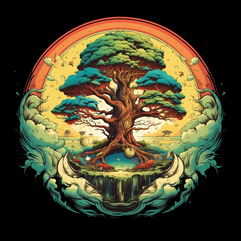 Lebensbaum mit Fluss und Regenbogen