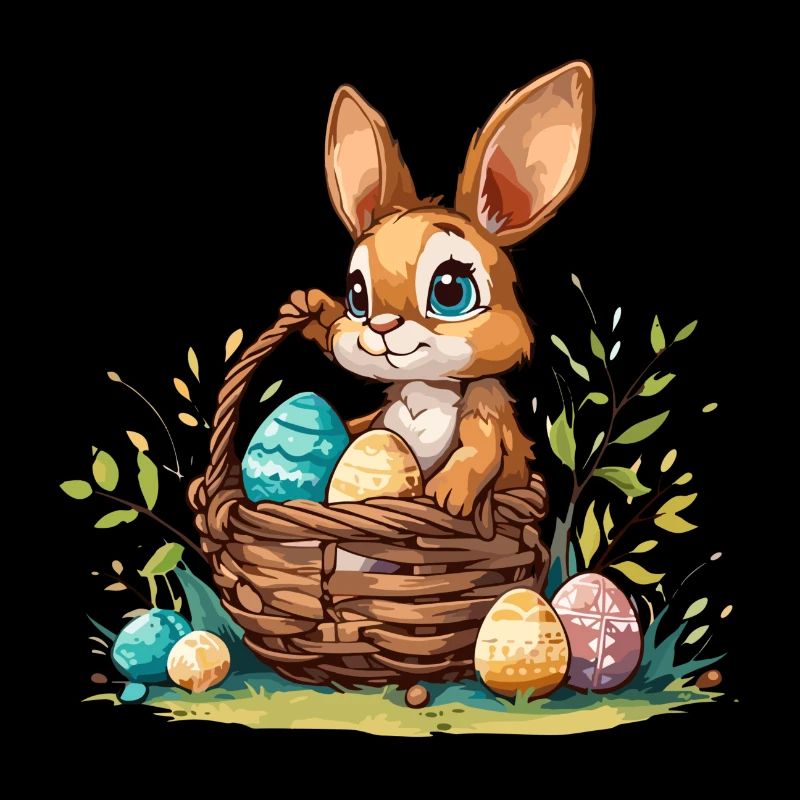 Lapin avec un panier de Pâques rempli d’œufs