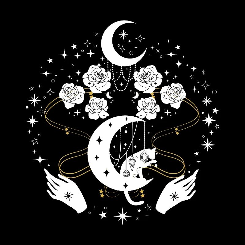Chat magique avec la lune et les fleurs