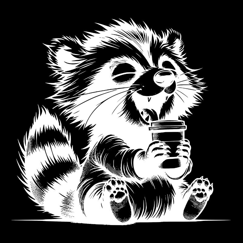Glücklicher Waschbär mit voller Kaffeetasse