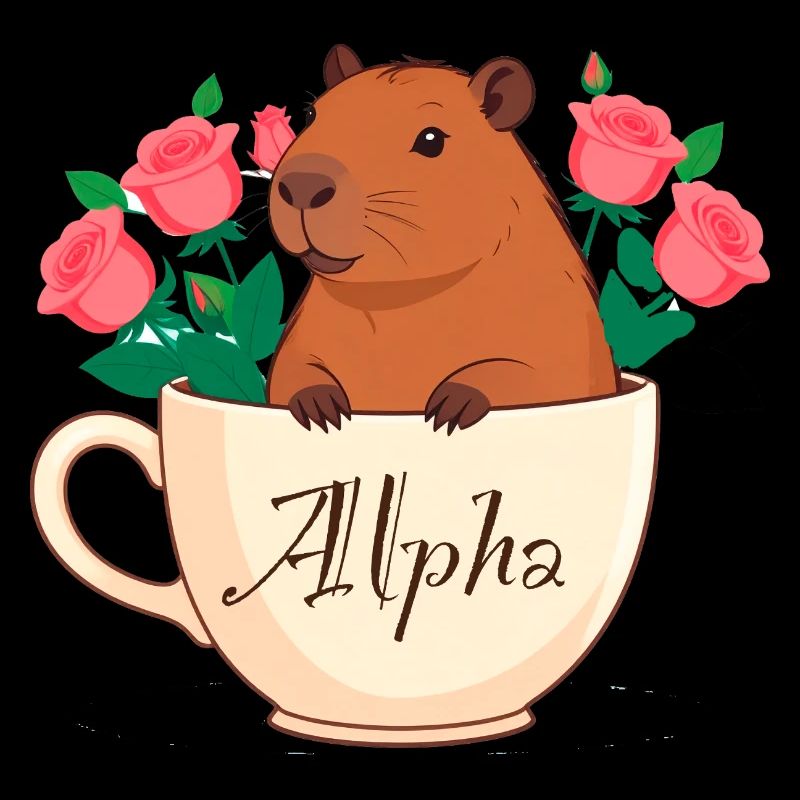 Capybara, sitting in a cup, coffee,alpha,roses