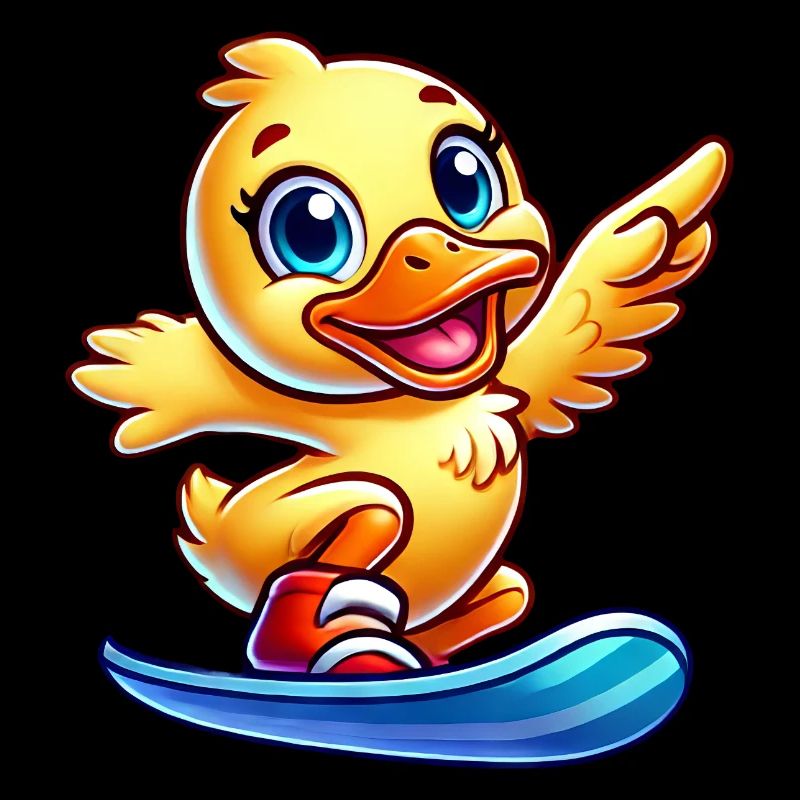 mignon canard dessin animé surfeur snowboarder