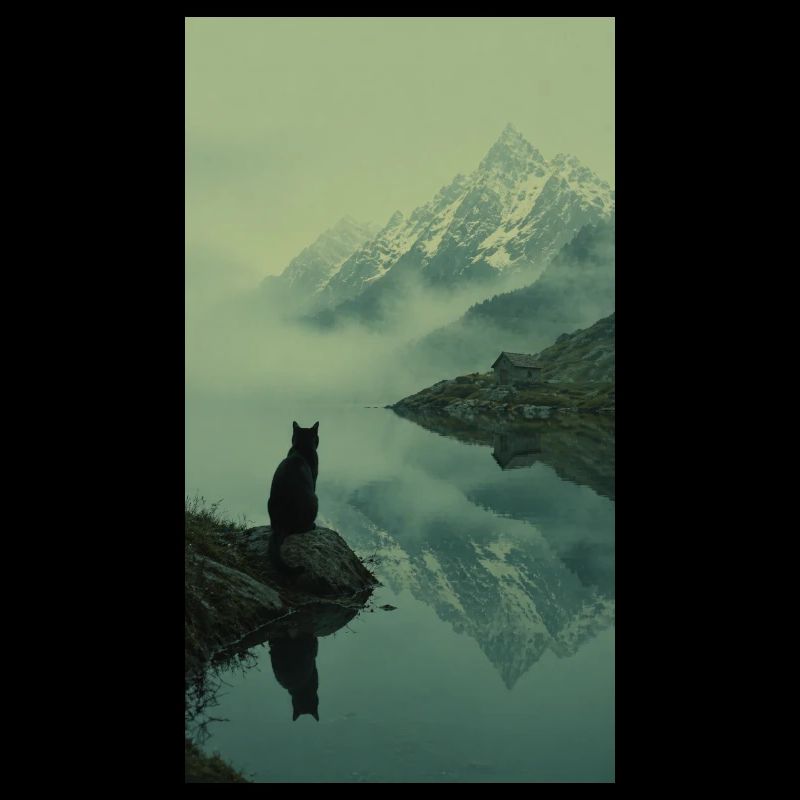Schwarze Katze am Bergsee – Asian Zen Design