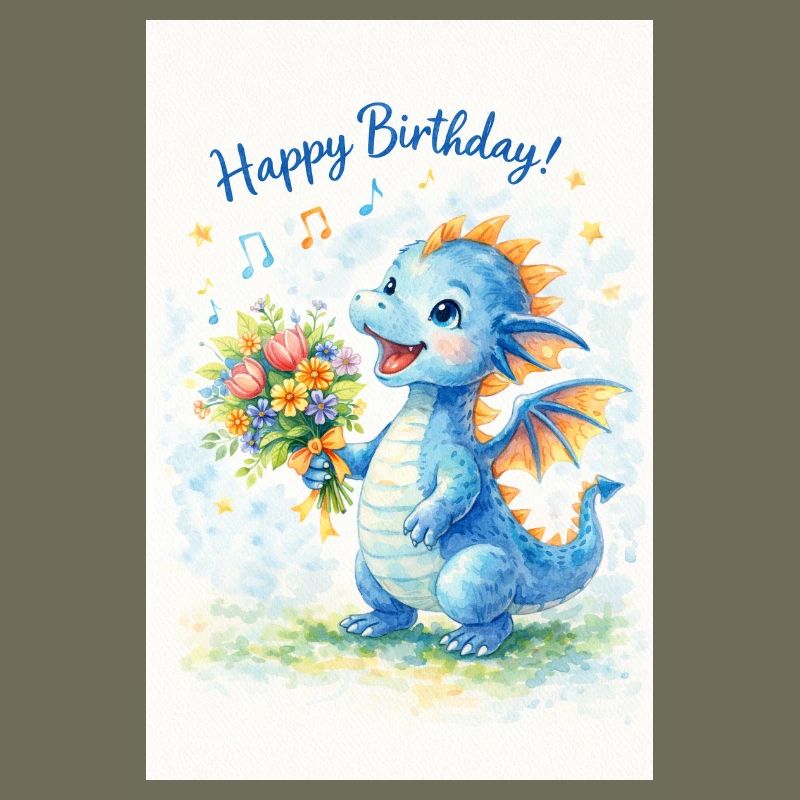 Dragon bleu avec bouquet de fleurs