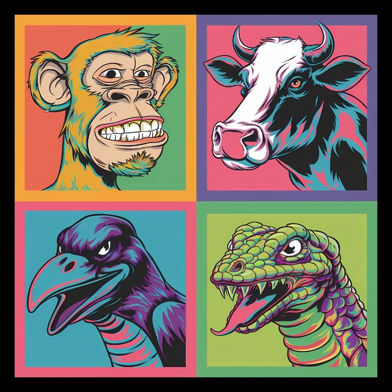 Pop-art Affe Kuh Rabe Schlange bunt
