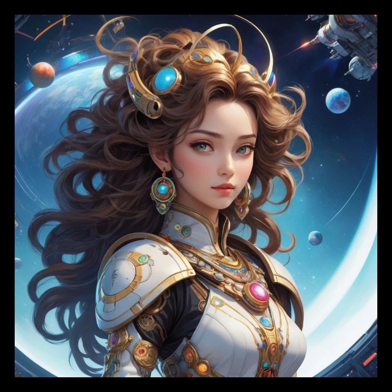 La reine de l’espace sur fond de planètes