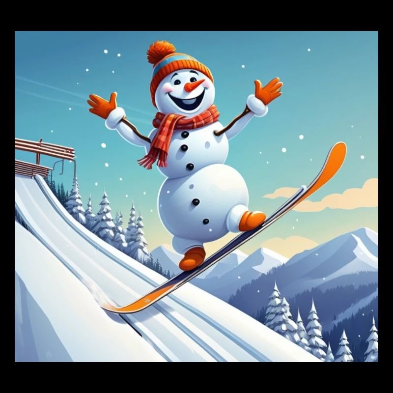 Schneemann auf Snowboard – Sprung ins Winter