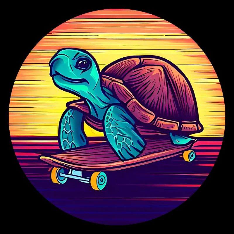 Turtle rides on a skateboard sunset