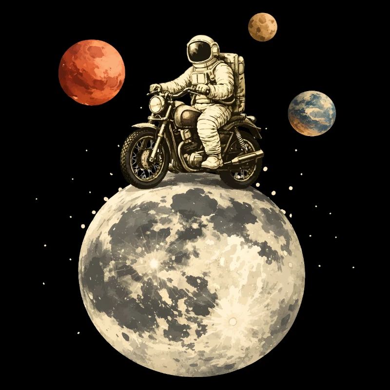 Astronaut on motorcycle rides over the moon