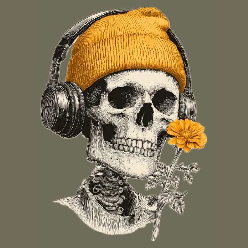 Crâne avec capuchon jaune et casque