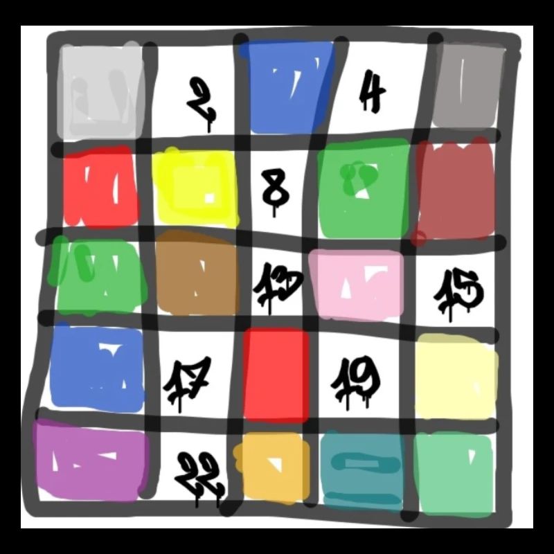 colorful square divided into squares, with numbers