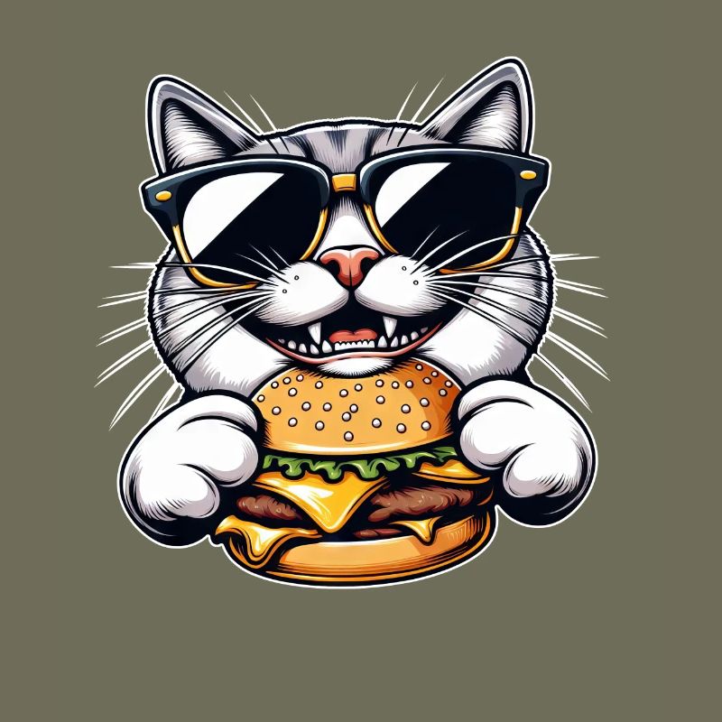 Coole Katze Nerd beim Hamburger Cheeseburger Essen