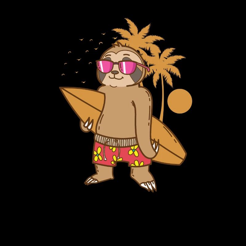 Sloth lazy on the beach with surfboard