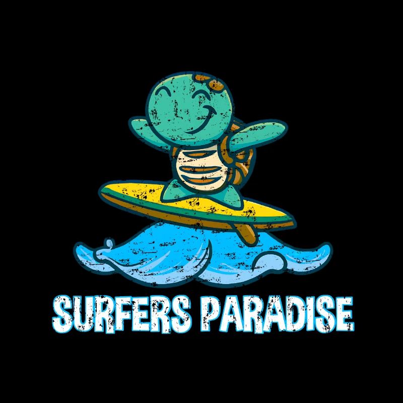 Cute kawaii turtle on surfboard with surfers