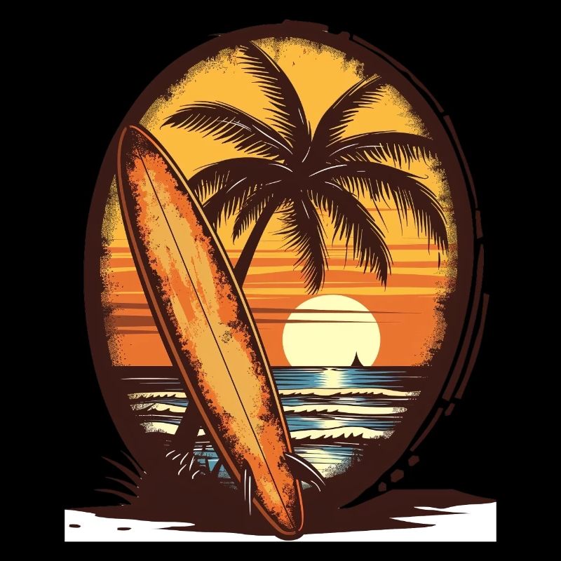 Planche de surf au coucher du soleil Palmiers