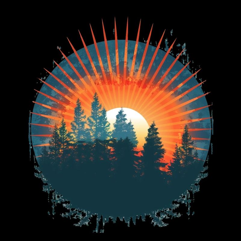 Aventure de silhouette de forêt de coucher de soleil