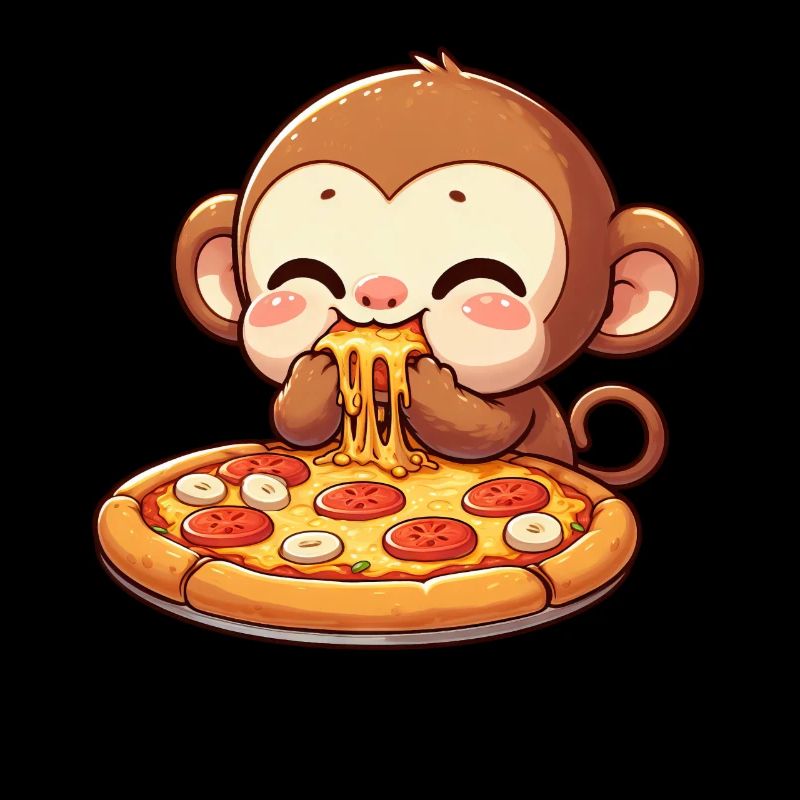 Chimpanzee eating pizza cheese lover
