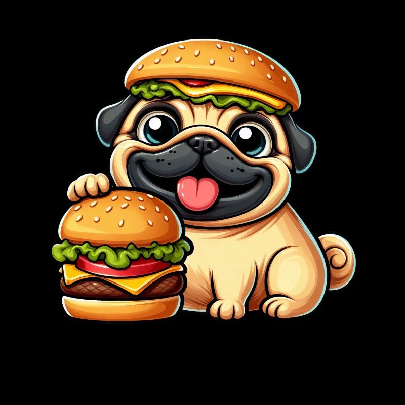 Whimsical Pug with Hat Cheeseburger Fast Food Dog