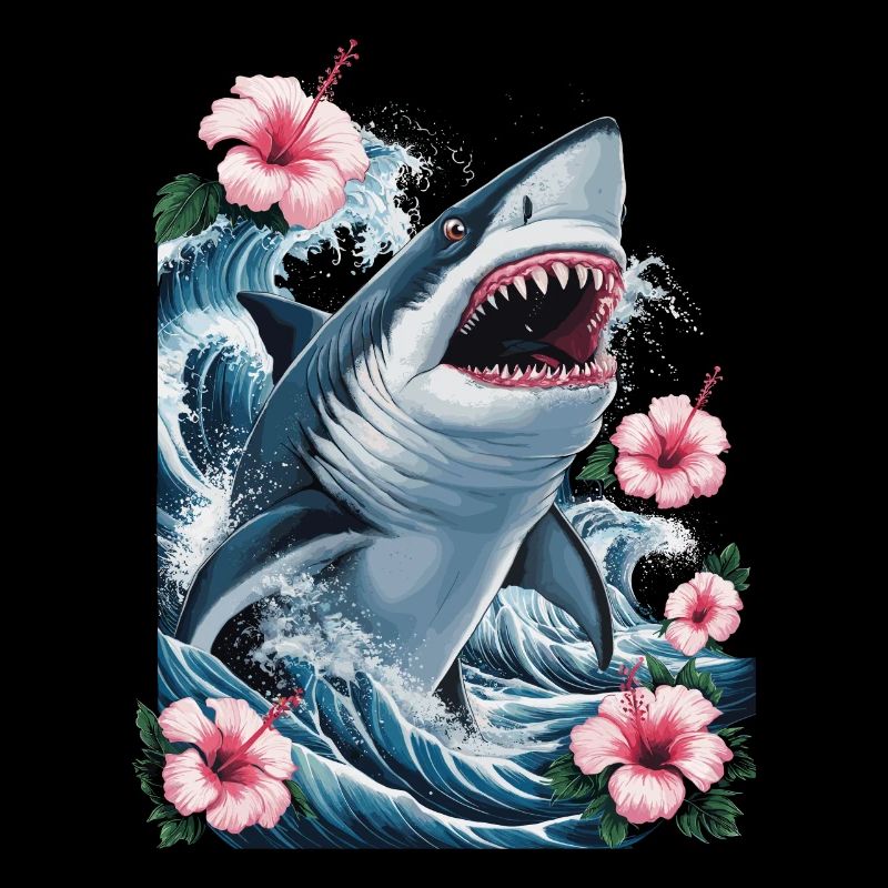 Shark Waves and Hibiscus Flowers Artwork