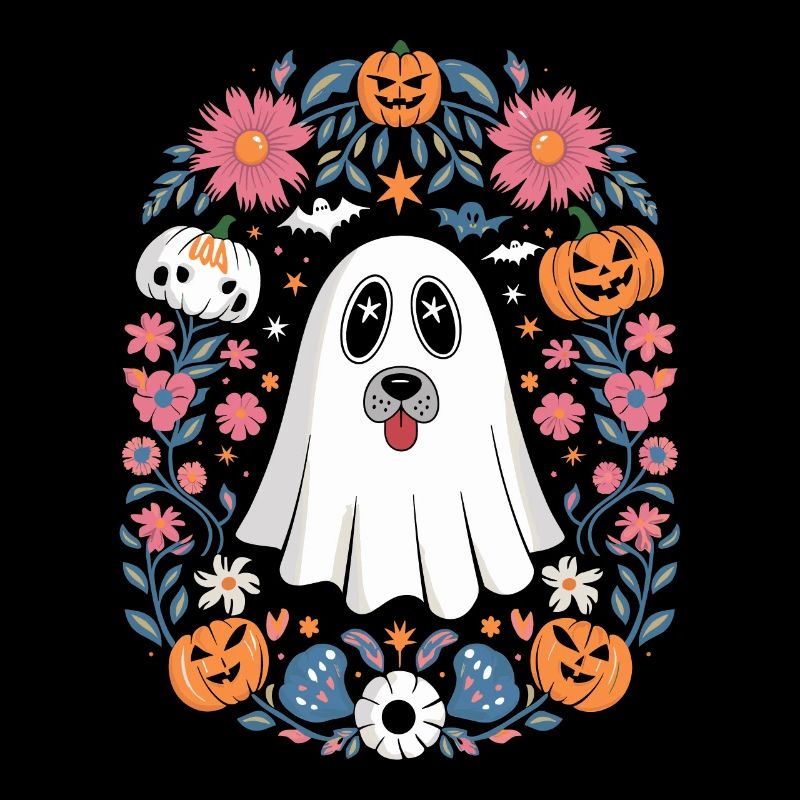 Cute Ghost Dog Surrounded By Halloween Pumpkins