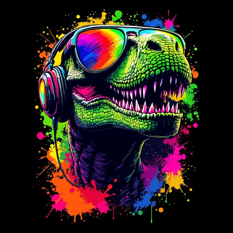 T Rex mit Kopfhörer Sonnenbrille Neon Dino Design