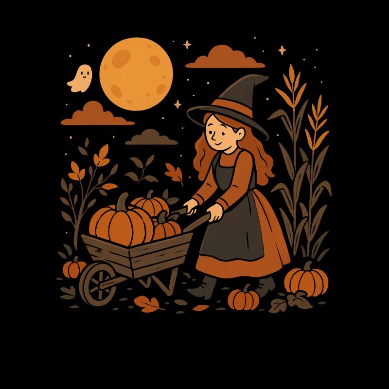 Autumn Witch with Pumpkin Cart