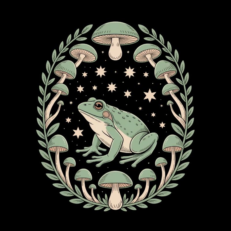 Frog and mushrooms with starry sky design
